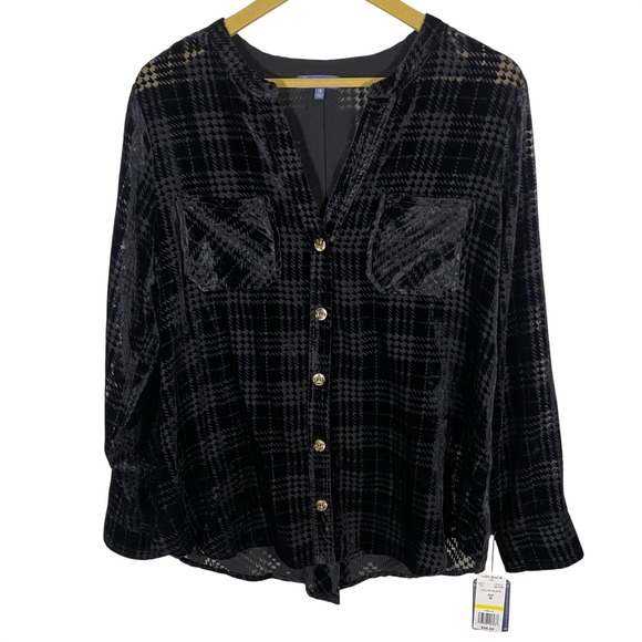NWT Democracy Black Velvet Houndstooth Burnout Sheer‎ Button Up Shirt M Goth - Picture 2 of 16